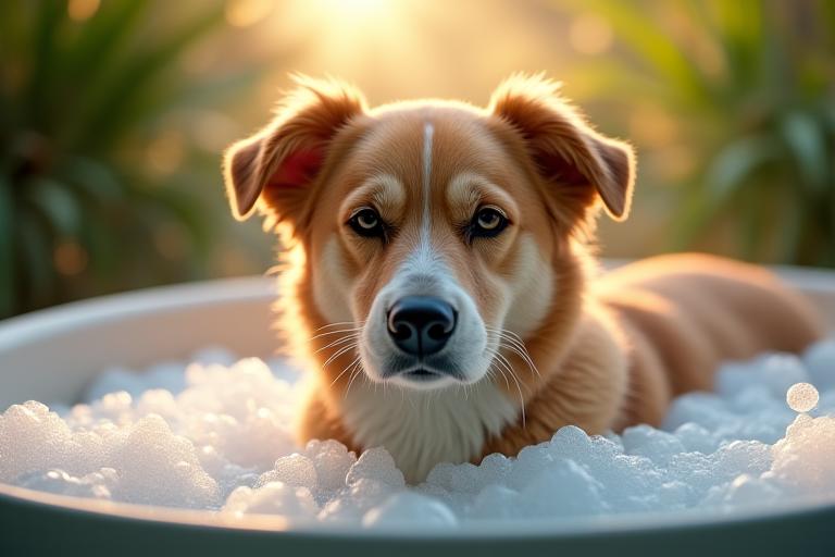 Chien profitant d'un bain relaxant au spa animalier de VerdurePaw.